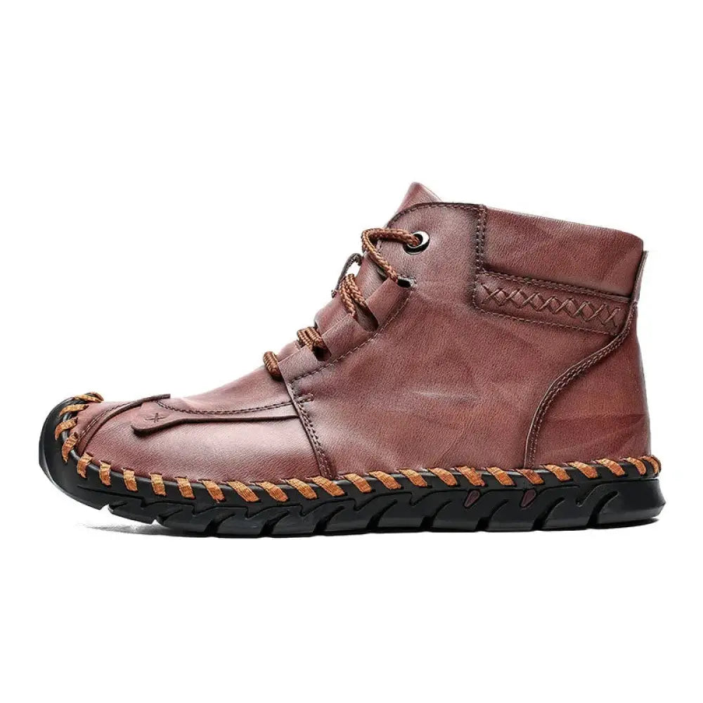 Arbaglobal men’s handcrafted brown leather casual ankle boot with visible stitching and black rubber sole viewed from back