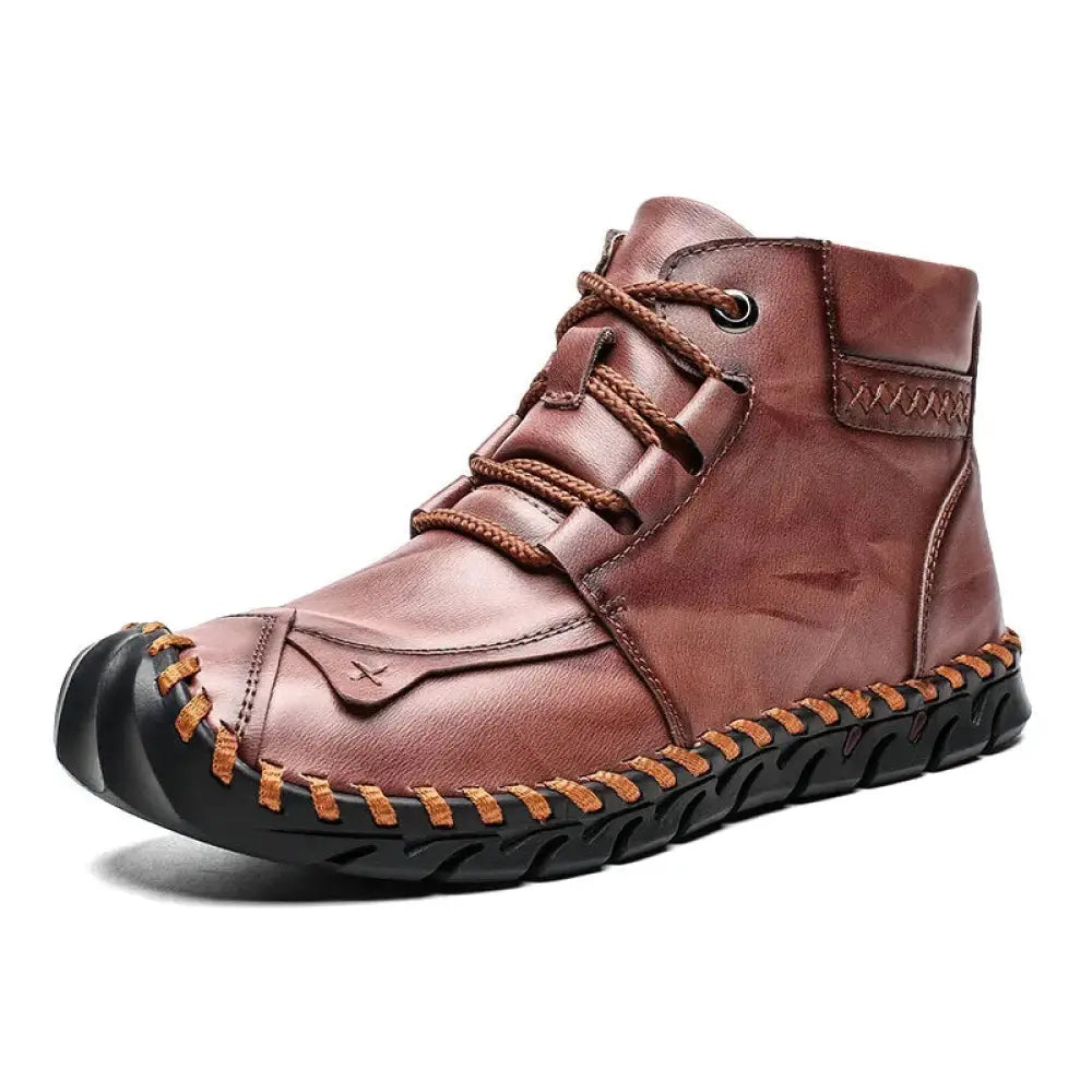 Arbaglobal men’s handcrafted brown leather lace-up casual ankle boot with black rubber sole and tan stitching details