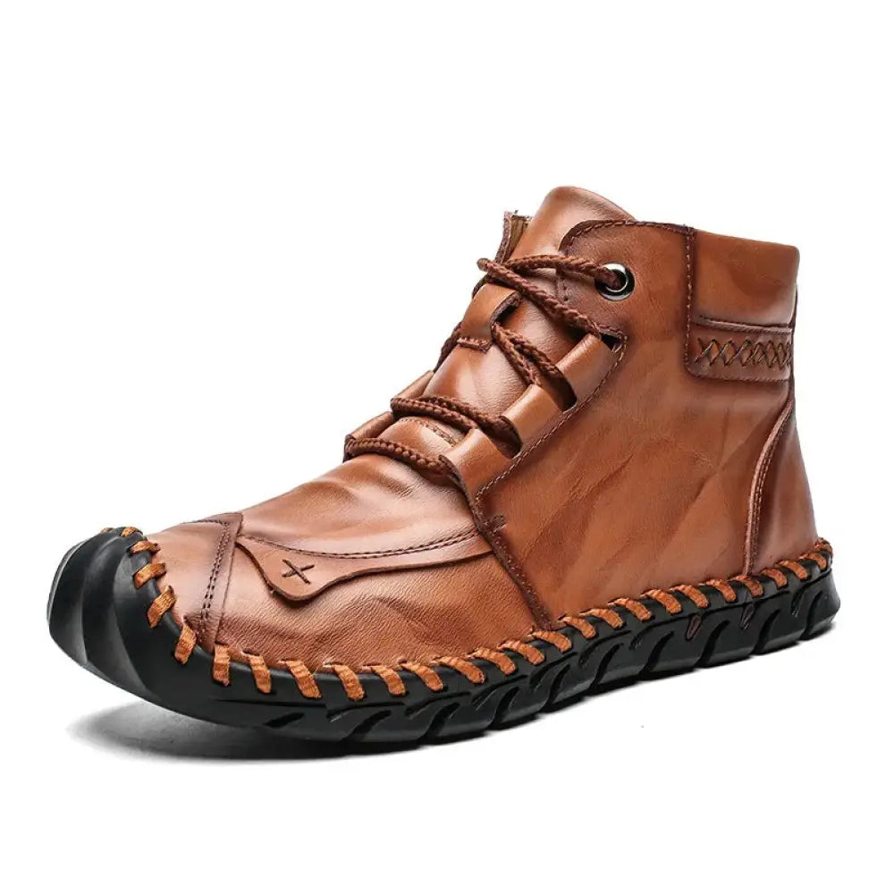 Arbaglobal men’s handcrafted brown leather high-top casual ankle boot with visible stitching and black rubber sole