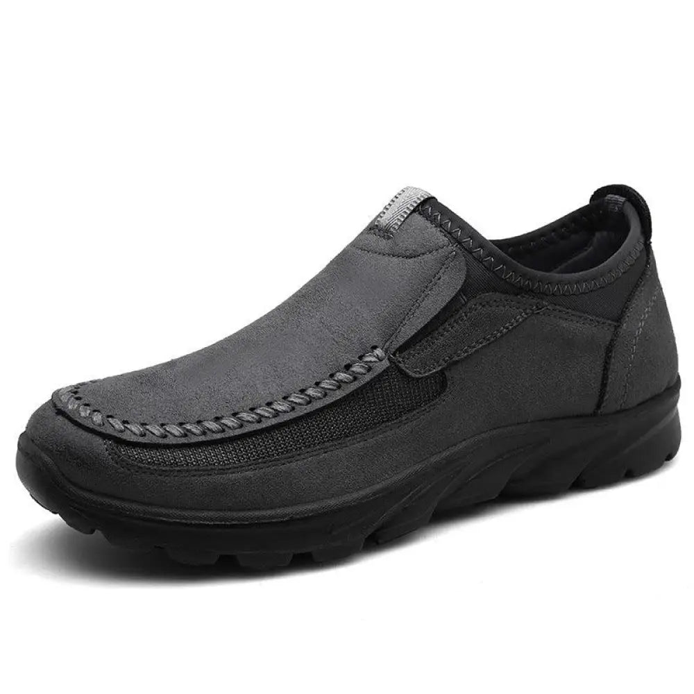 Men’s British leather textured slip on casual shoes in black with suede upper mesh panel and rubber sole