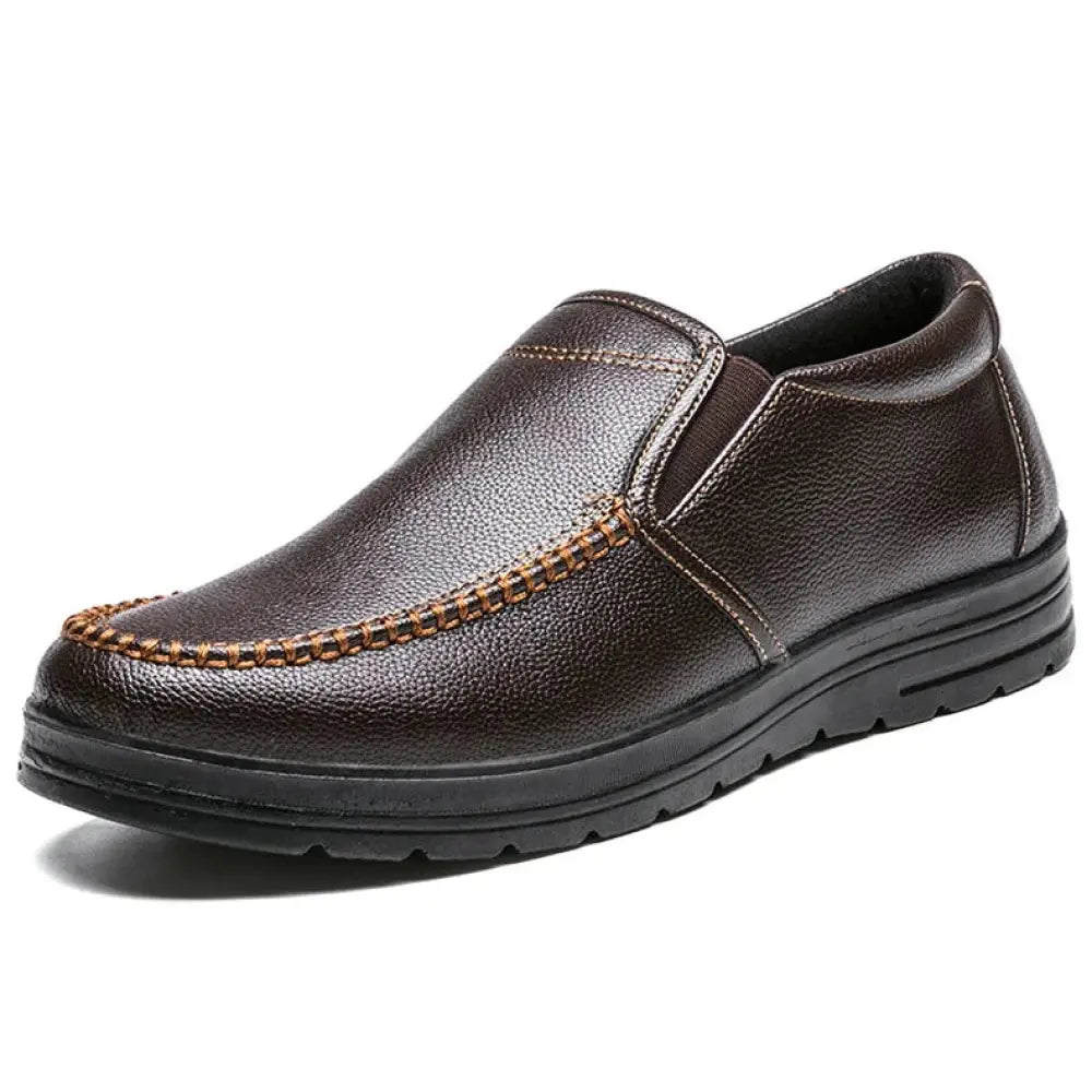 Men’s British leather textured brown slip on casual shoe with contrasting tan stitching along the toe