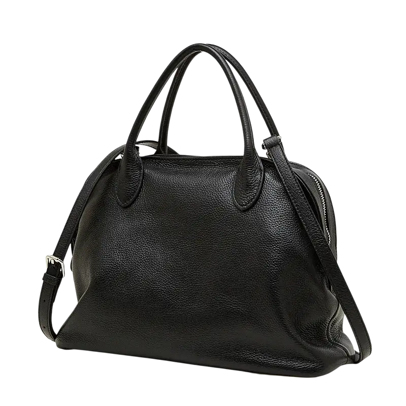 Black pebbled leather shoulder bag with top handles and detachable strap for cell phone carry from Guangdong province