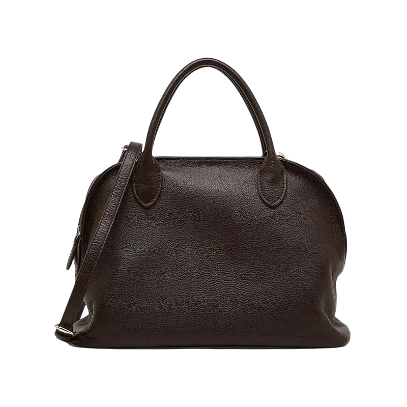 Dark brown leather shoulder bag cowhide tote handbag with rounded handles and detachable strap suitable for cell phone use in Guangdong province