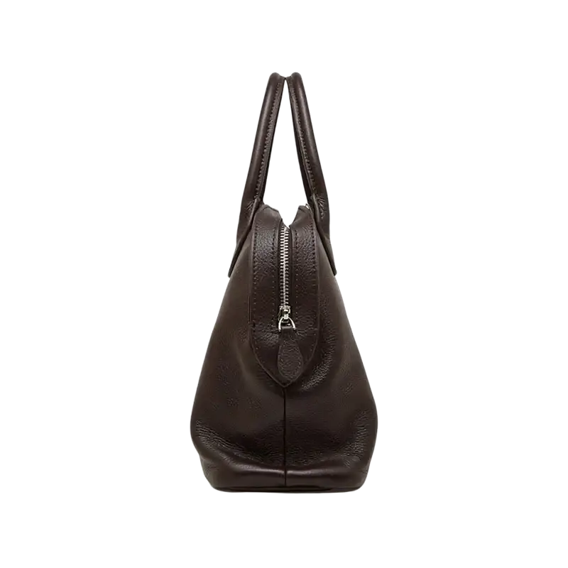 Dark brown cowhide leather shoulder bag tote handbag with silver zipper and handles ideal for cell phone storage in Guangdong province