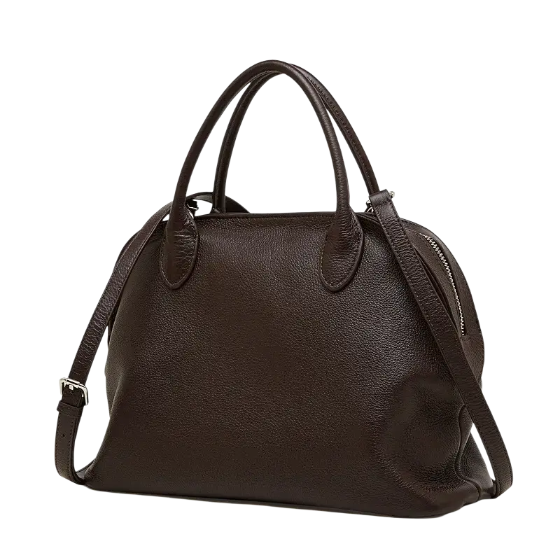 Dark brown leather shoulder bag cowhide tote with top handles and detachable strap ideal for cell phone use in Guangdong province