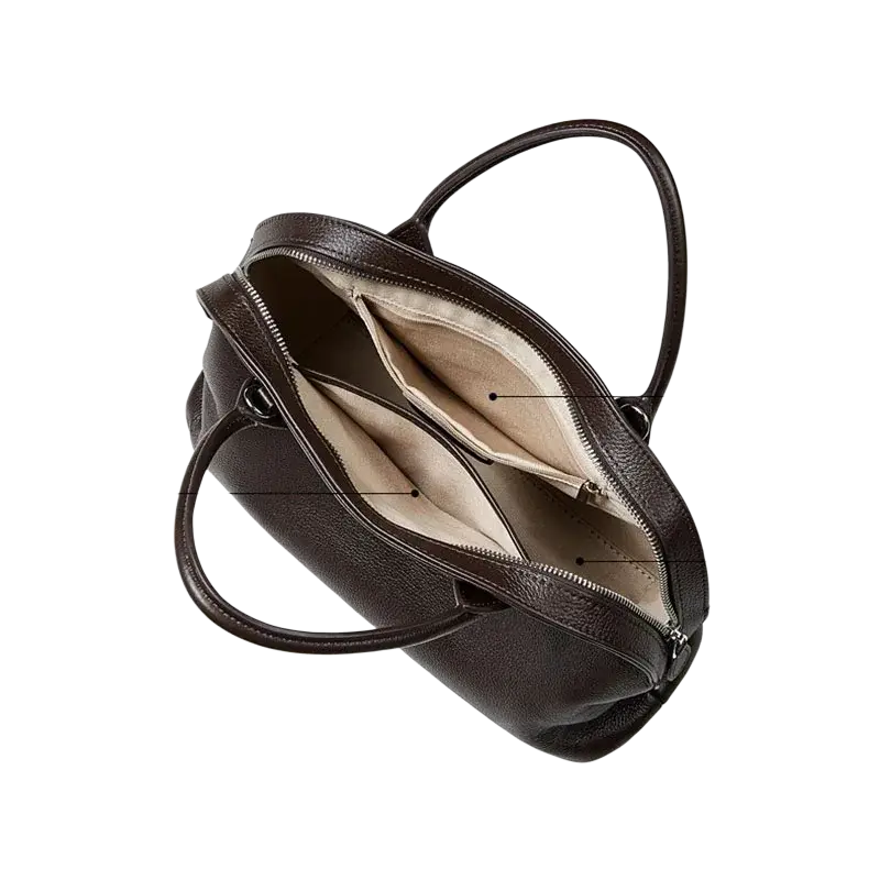 Dark brown cowhide leather shoulder bag tote with textured surface and light beige interior lining from guangdong province