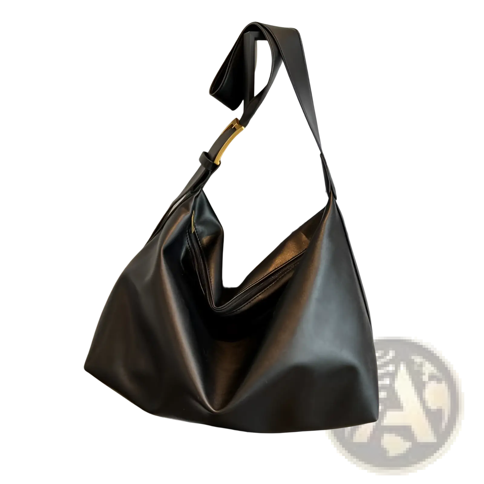 Black leather hobo bag with gold-tone metal buckle on strap for stylish shoulder use