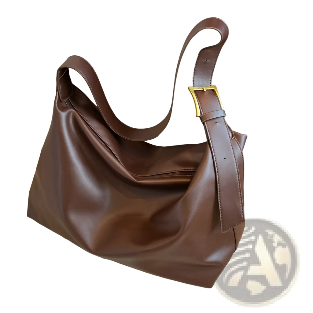 Brown leather shoulder bag with gold-tone buckle and adjustable strap for stylish everyday use