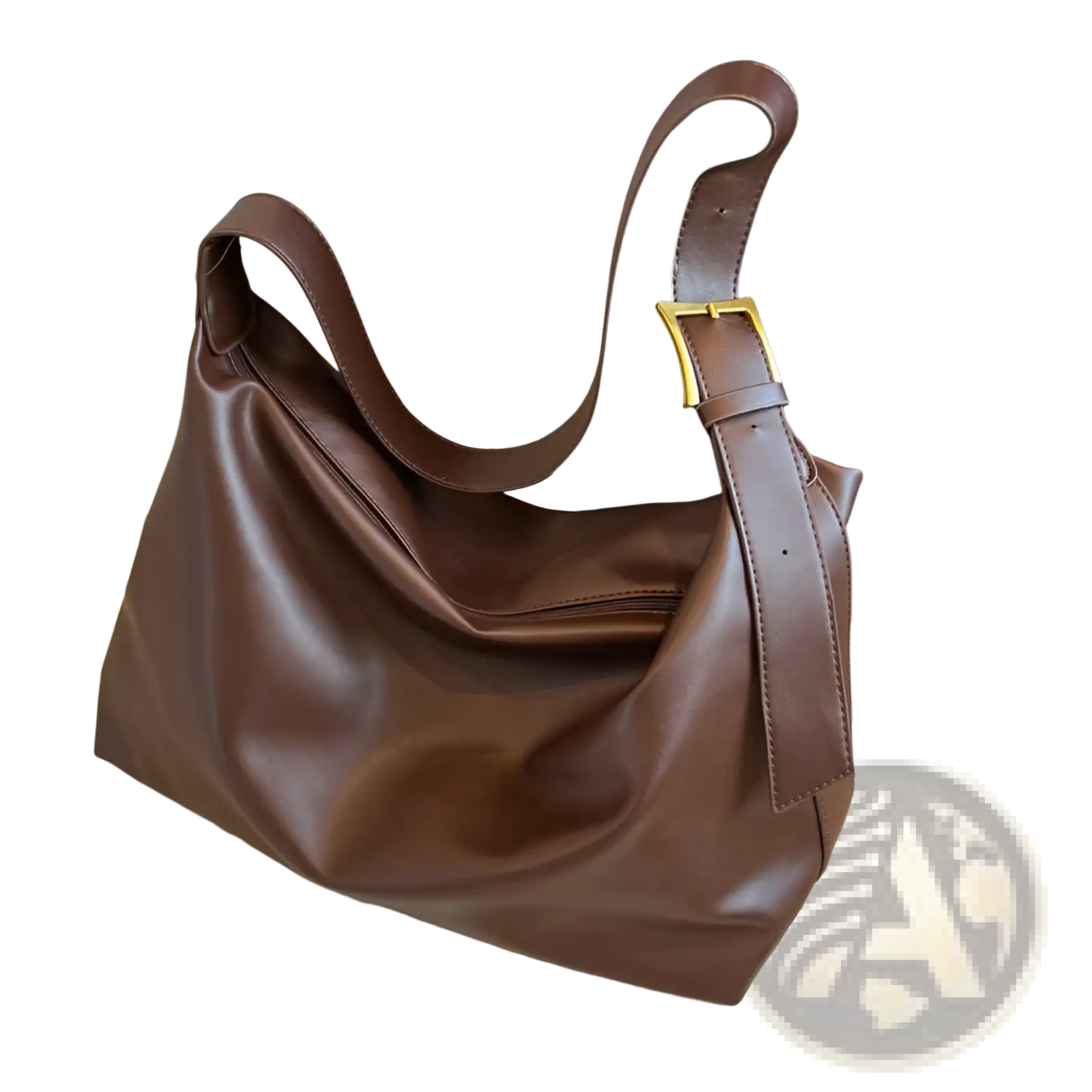 Brown leather shoulder bag with gold-tone buckle and adjustable strap for stylish everyday use