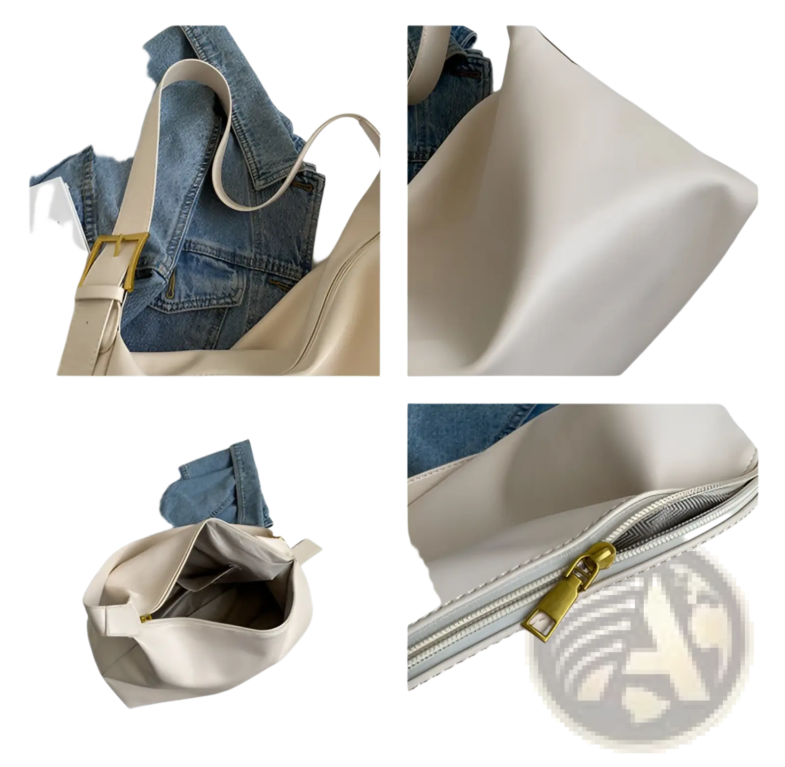 Cream-colored leather shoulder bag with gold buckle and strap featuring faux leather material and zipper details