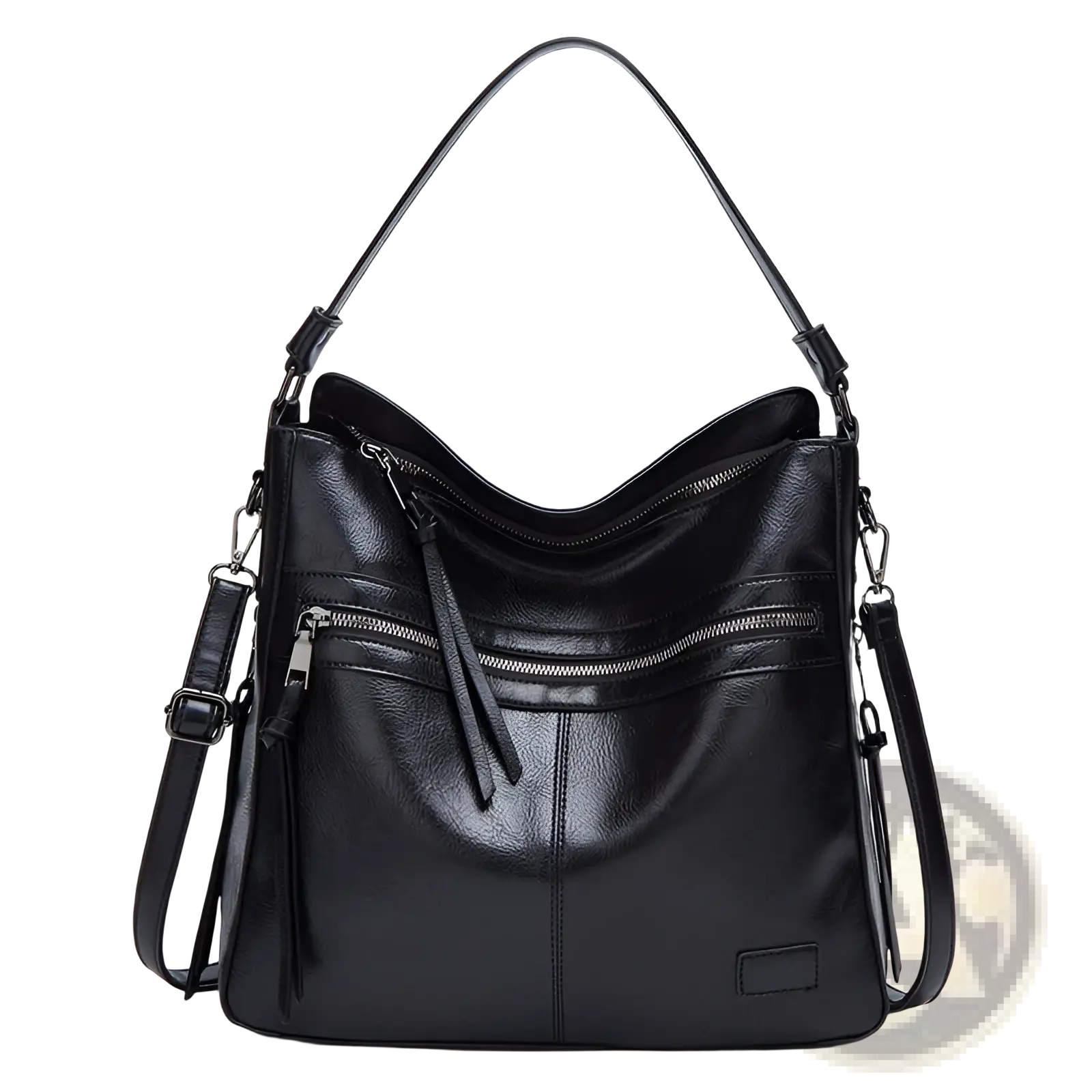 Black leather shoulder bag with curved top handle, adjustable strap, and multiple zippers for secure crossbody use