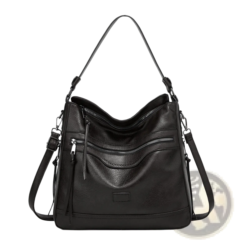 Black leather shoulder bag with multiple zippers, single top handle, and detachable crossbody strap for secure storage