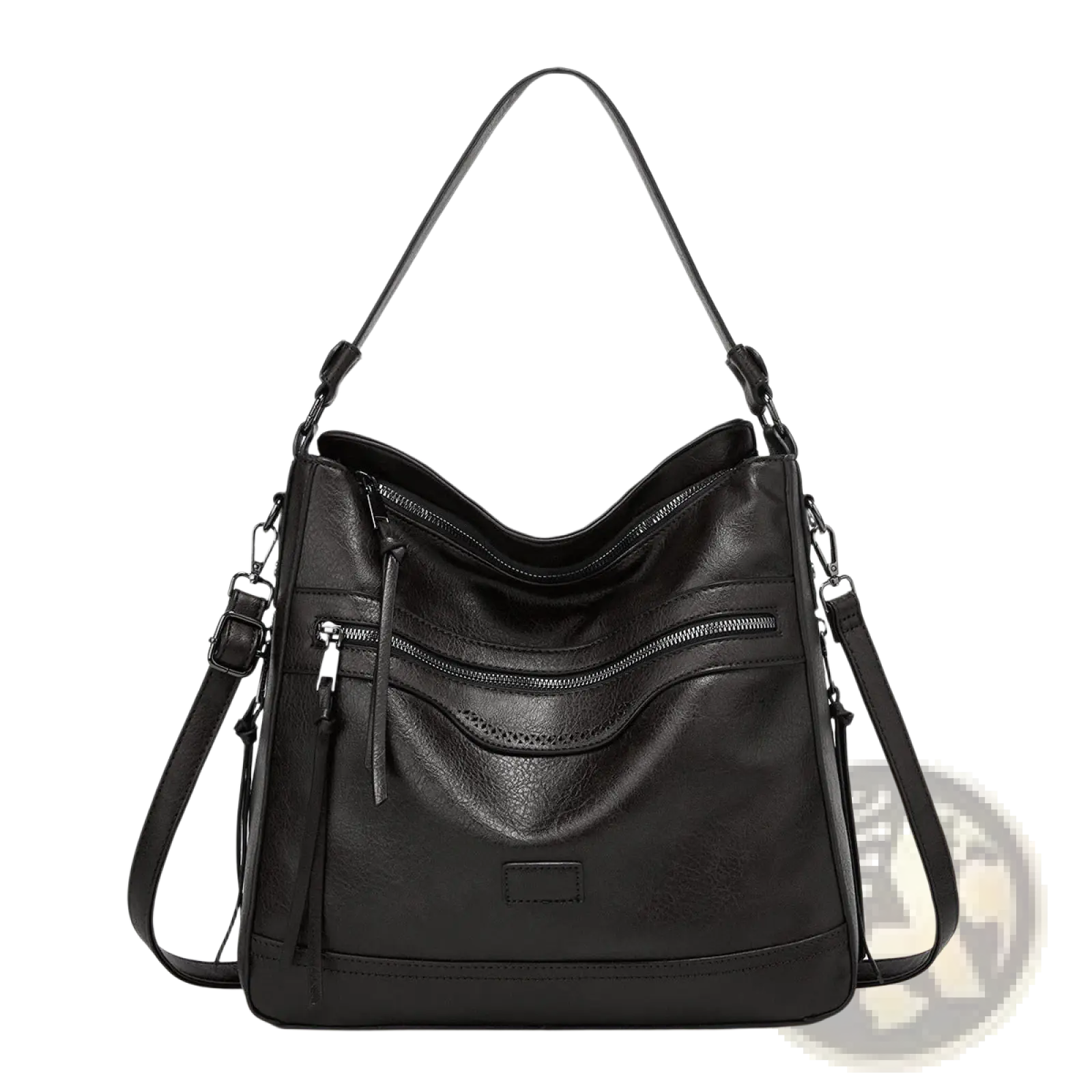 Black leather shoulder bag with multiple zippers, single top handle, and detachable crossbody strap for secure storage