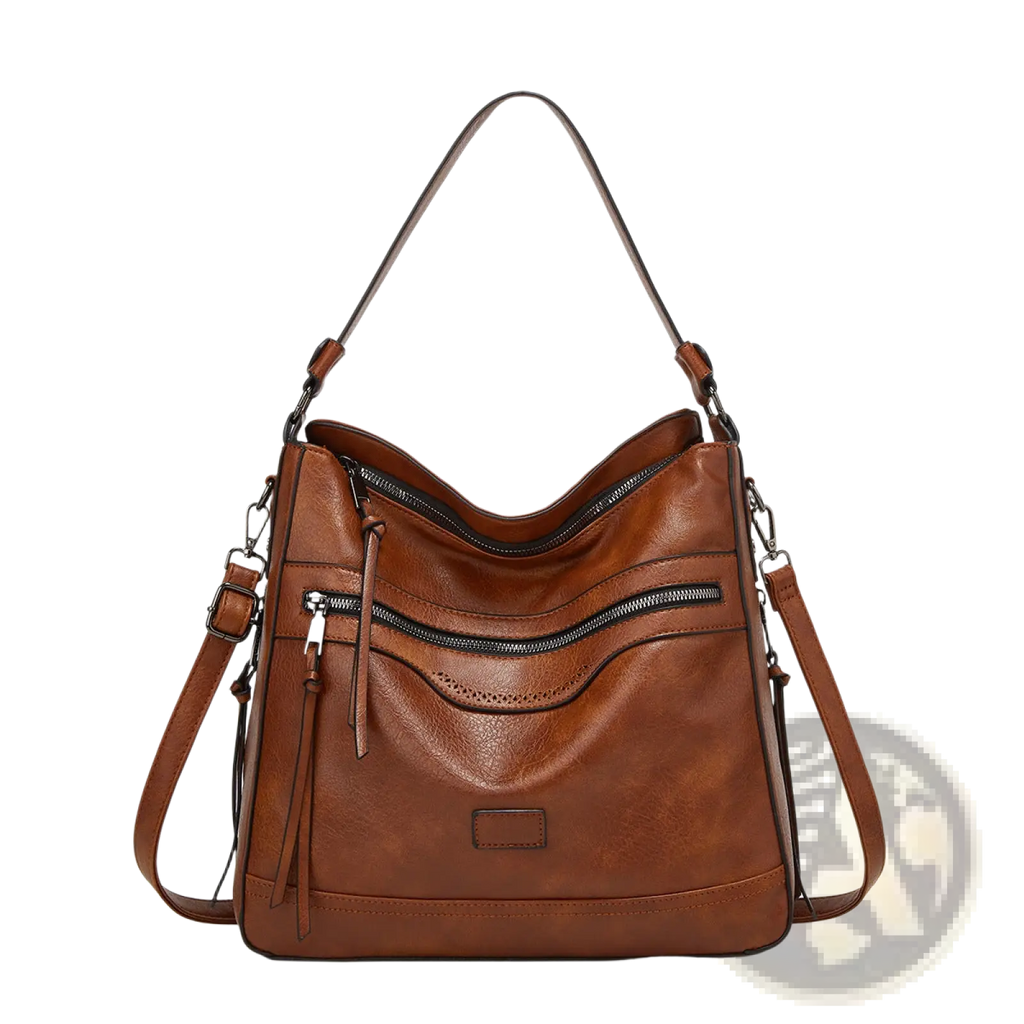 Brown leather shoulder bag with multiple zippers and detachable strap for crossbody and tote use