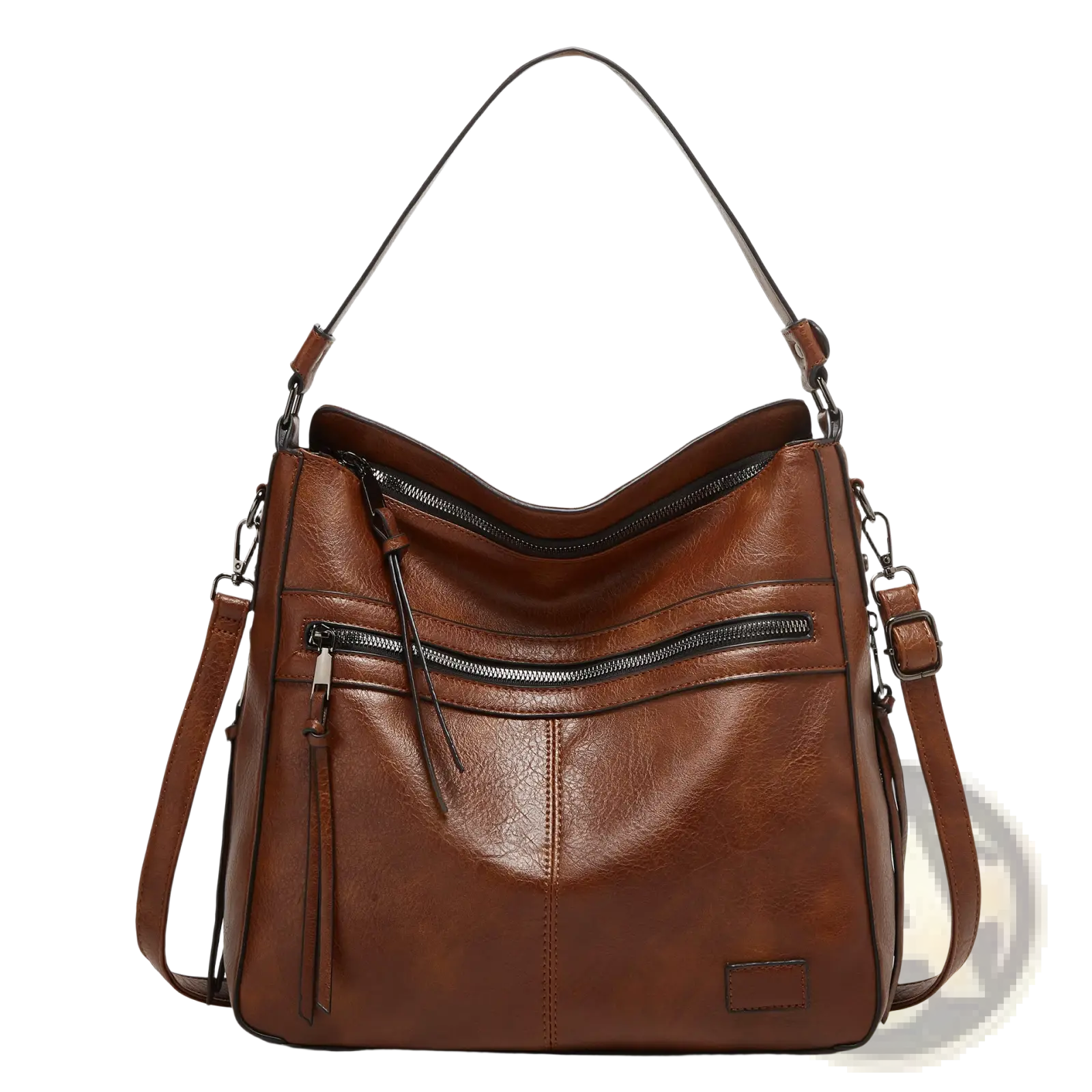 Brown leather shoulder bag with black zippers and adjustable straps designed as a multi zipper crossbody tote