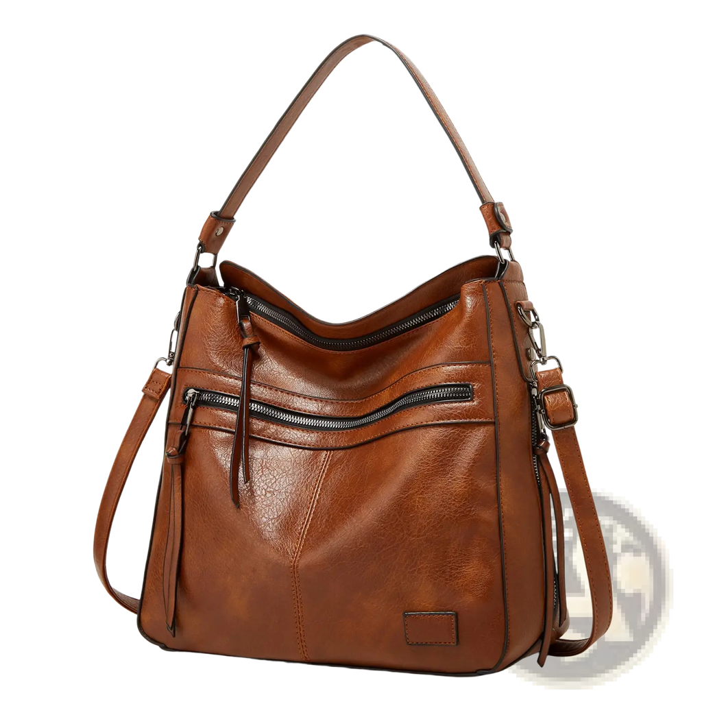 Brown leather shoulder bag with multiple zippers and adjustable straps designed as a crossbody tote