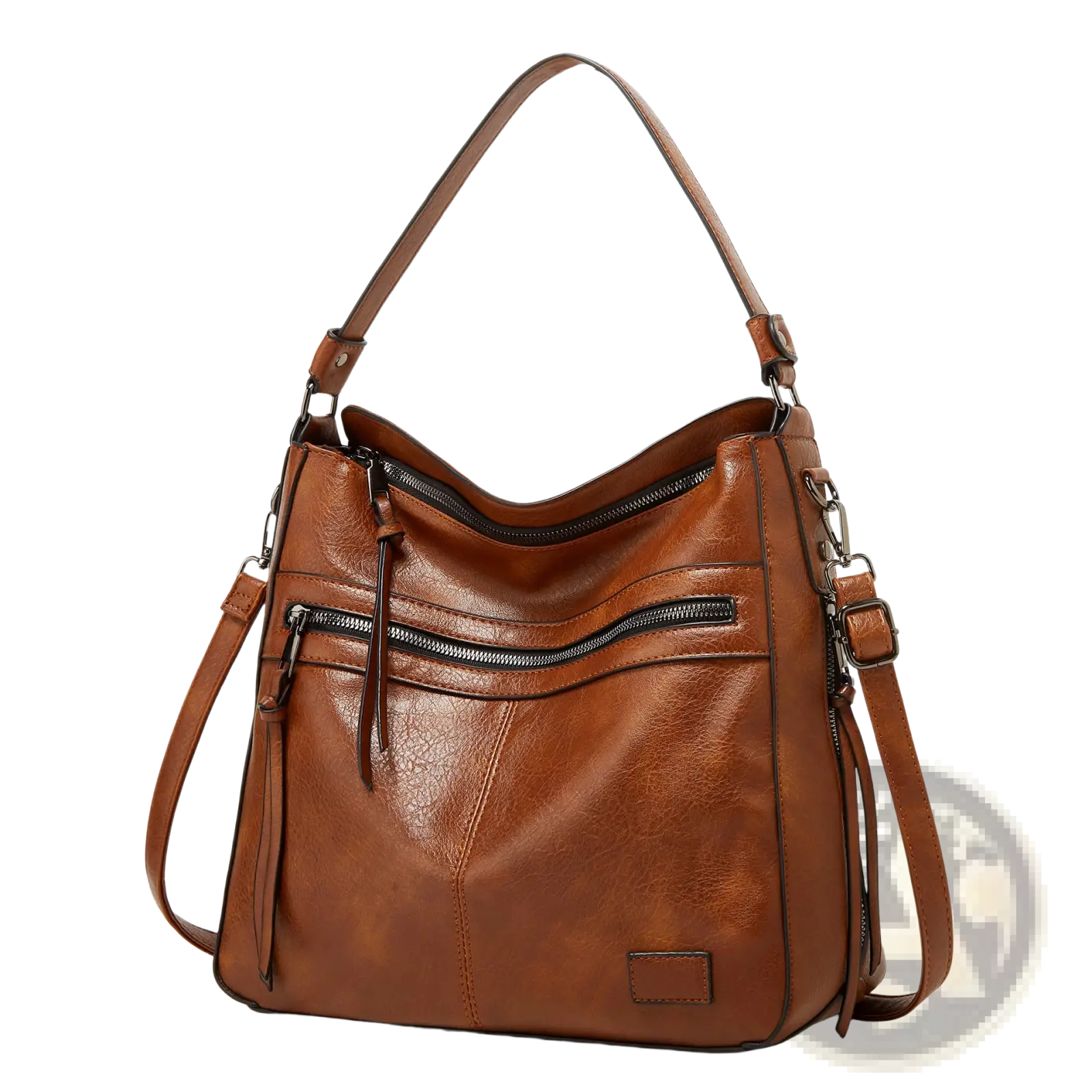 Brown leather shoulder bag with multiple zippers and adjustable straps designed as a crossbody tote