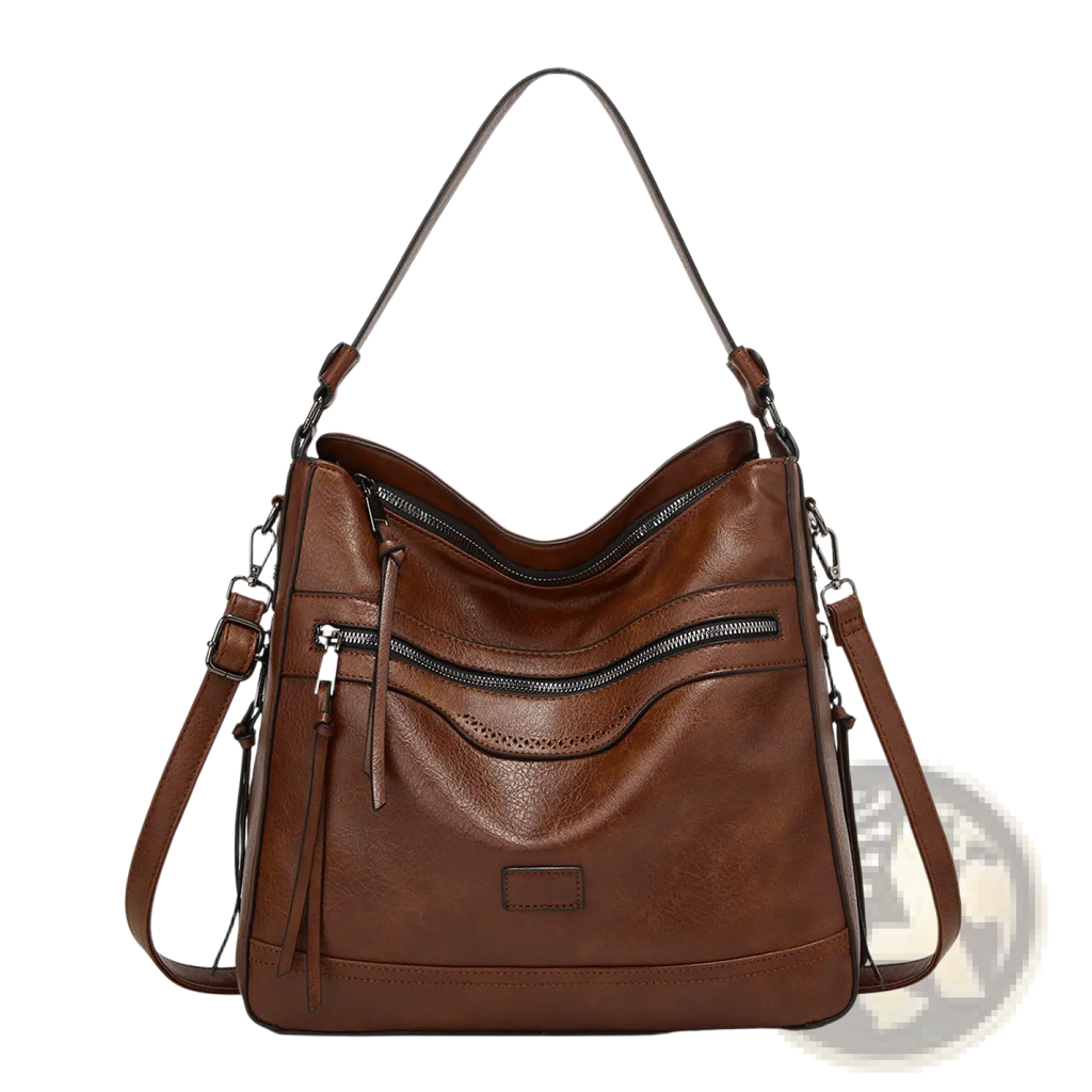 Brown leather shoulder bag with multiple zippers and detachable strap designed as a crossbody tote