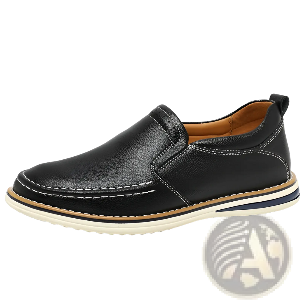 Black leather slip on loafers with white stitching and tan navy sole accents hand sewn casual bean shoes