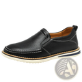 Black leather slip on loafers with white stitching and tan navy sole accents hand sewn casual bean shoes