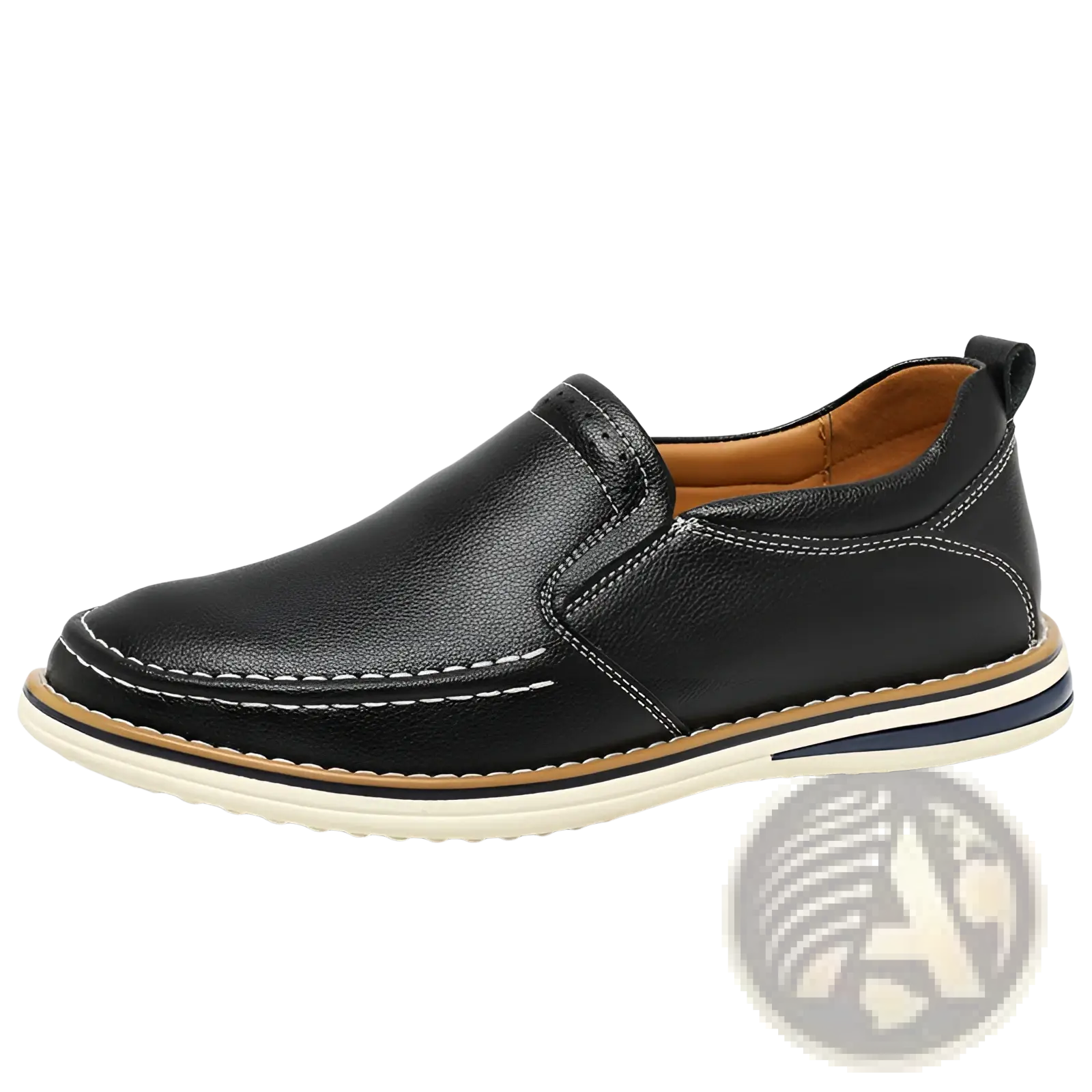 Black leather slip on loafers with white stitching and tan navy sole accents hand sewn casual bean shoes