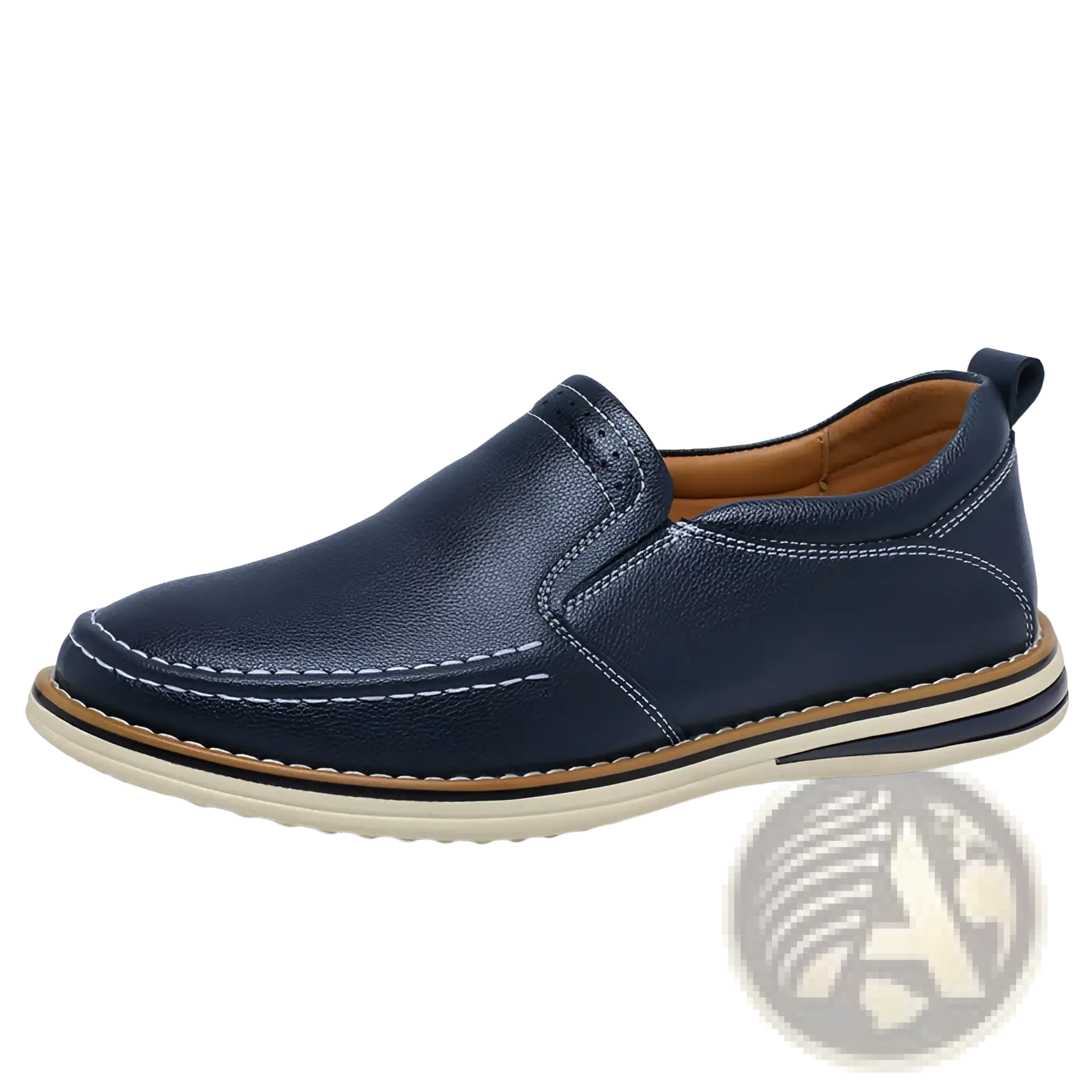 Navy blue leather slip on loafers with hand sewn white stitching and tan cream rubber sole for casual wear