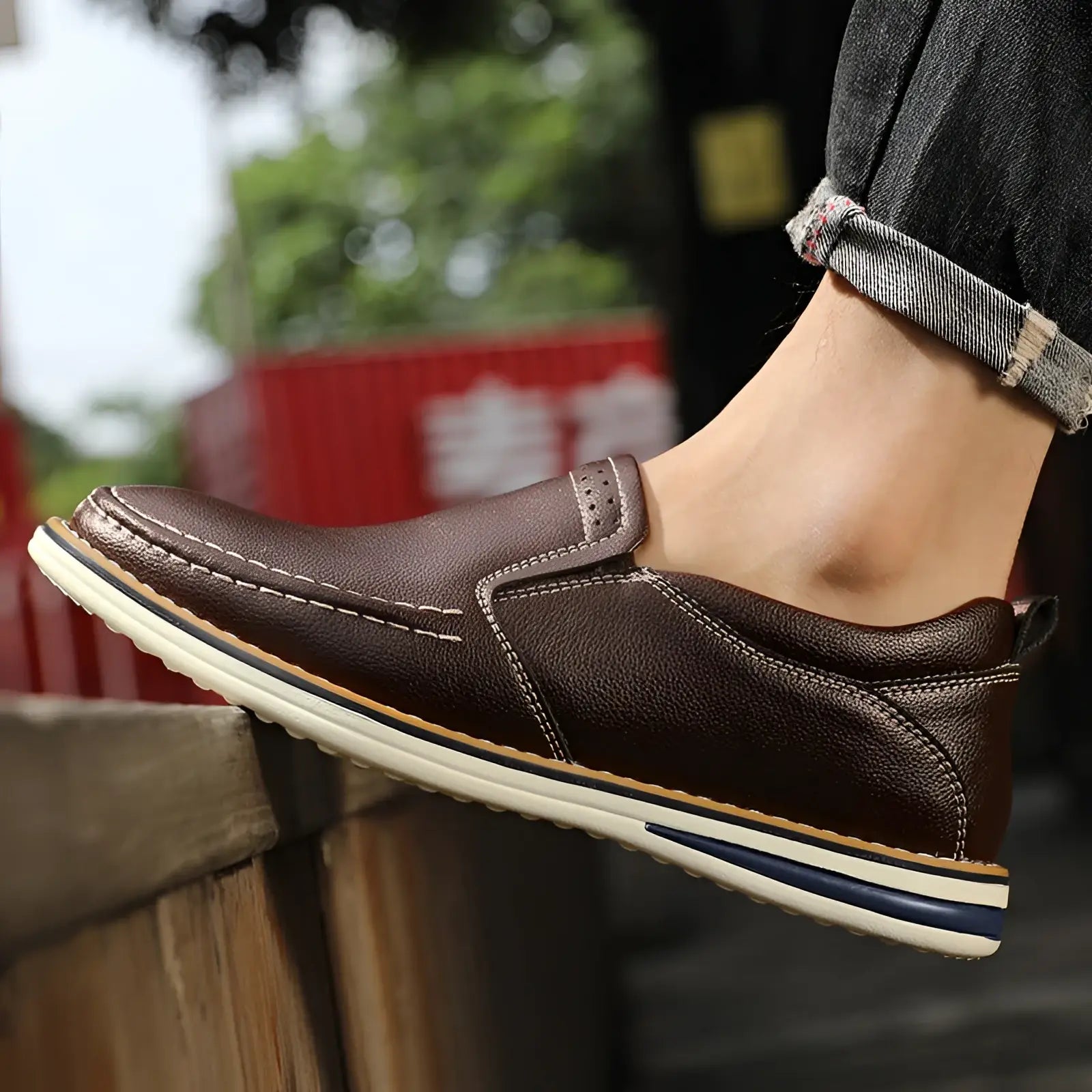 Brown leather slip-on loafers with white and navy rubber sole hand sewn casual bean shoes for everyday wear