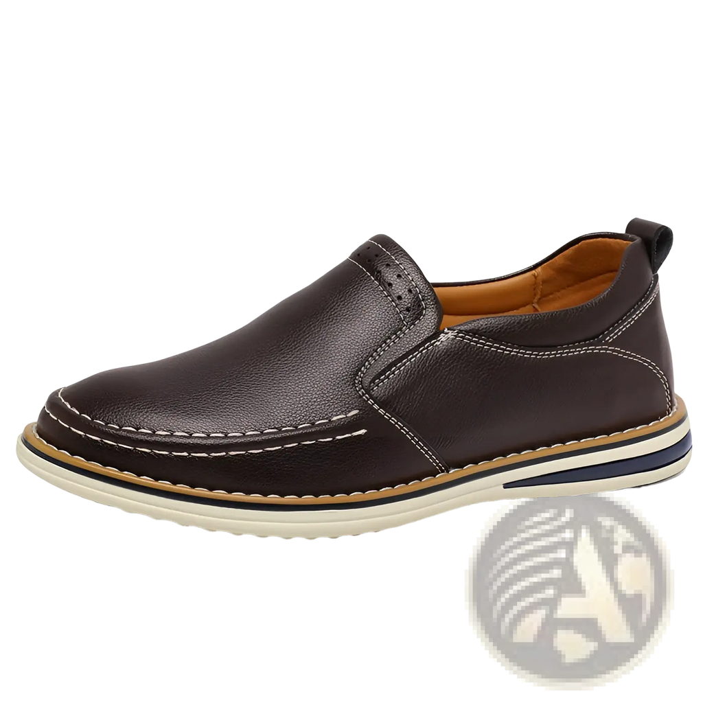 Brown leather slip-on loafers with white stitching and layered sole ideal for casual wear handcrafted with hand sewn details
