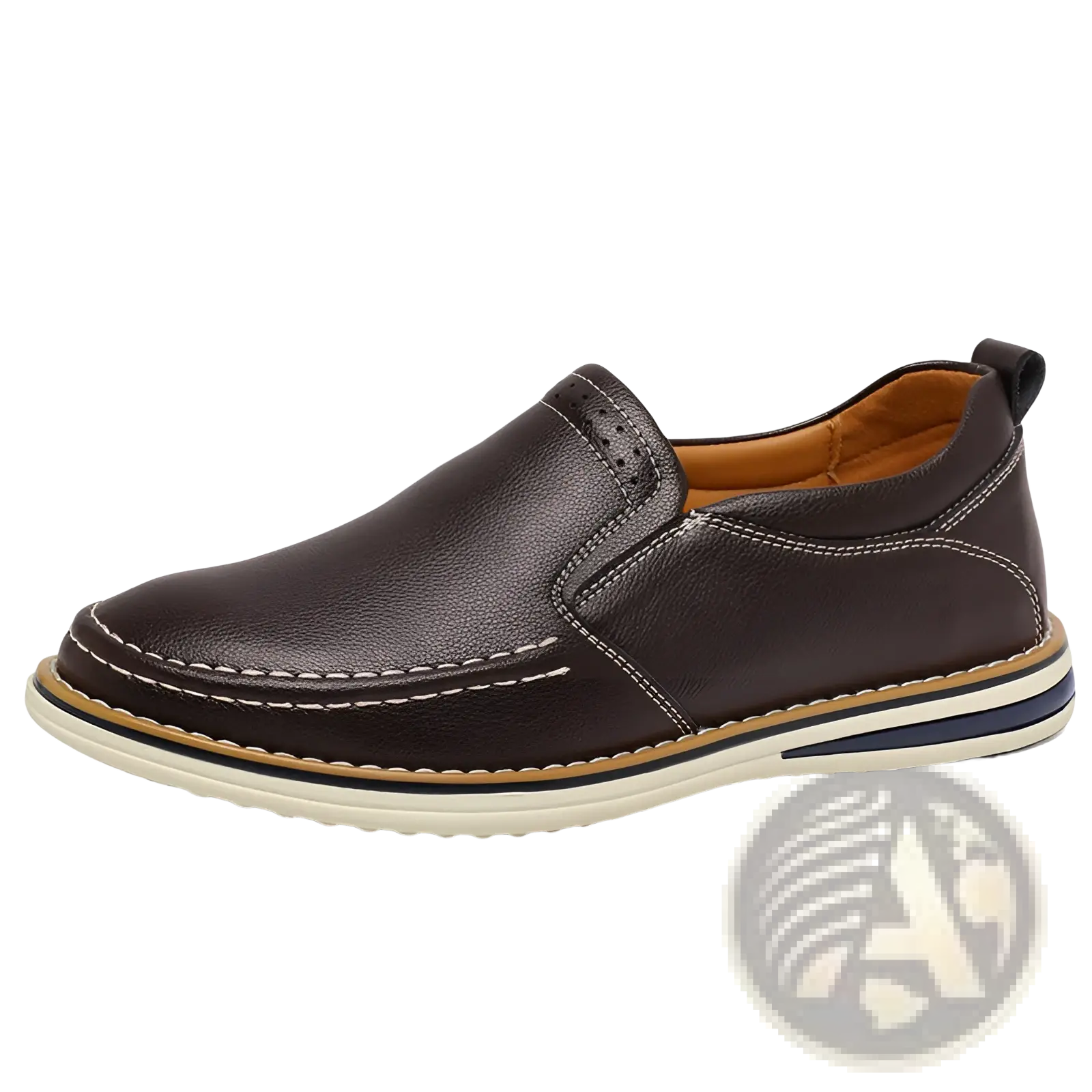 Brown leather slip-on loafers with white stitching and layered sole ideal for casual wear handcrafted with hand sewn details