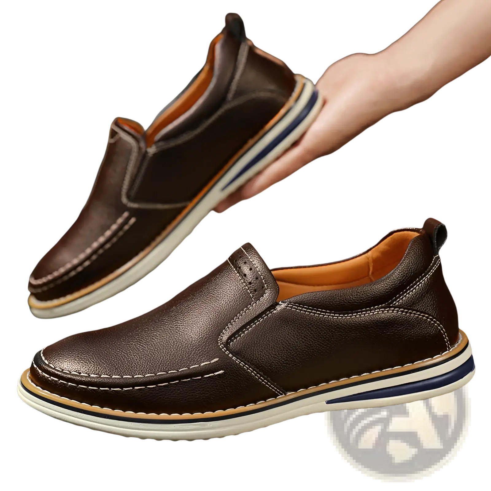 Brown leather slip-on loafers with white and navy blue striped soles hand sewn casual bean shoes