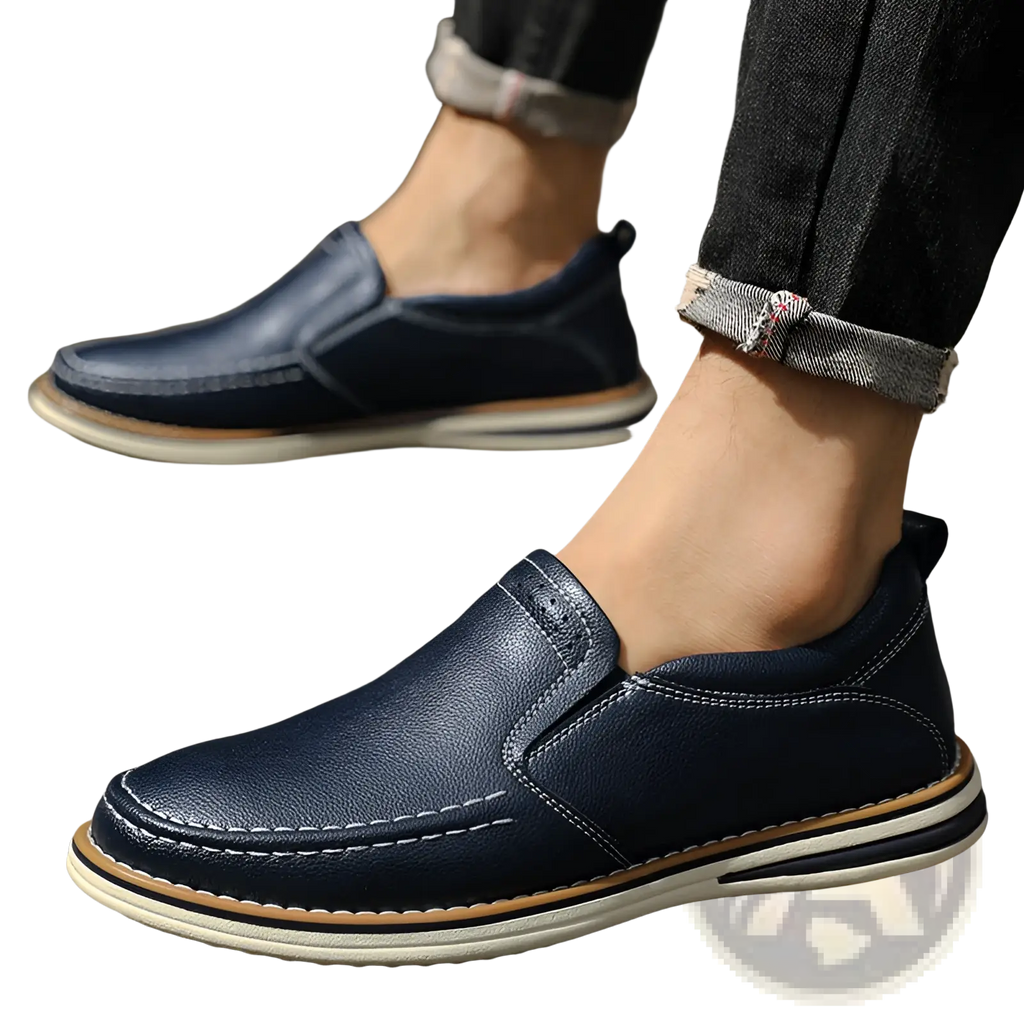 Navy blue leather slip on loafers hand sewn casual bean shoes with white stitching and layered sole