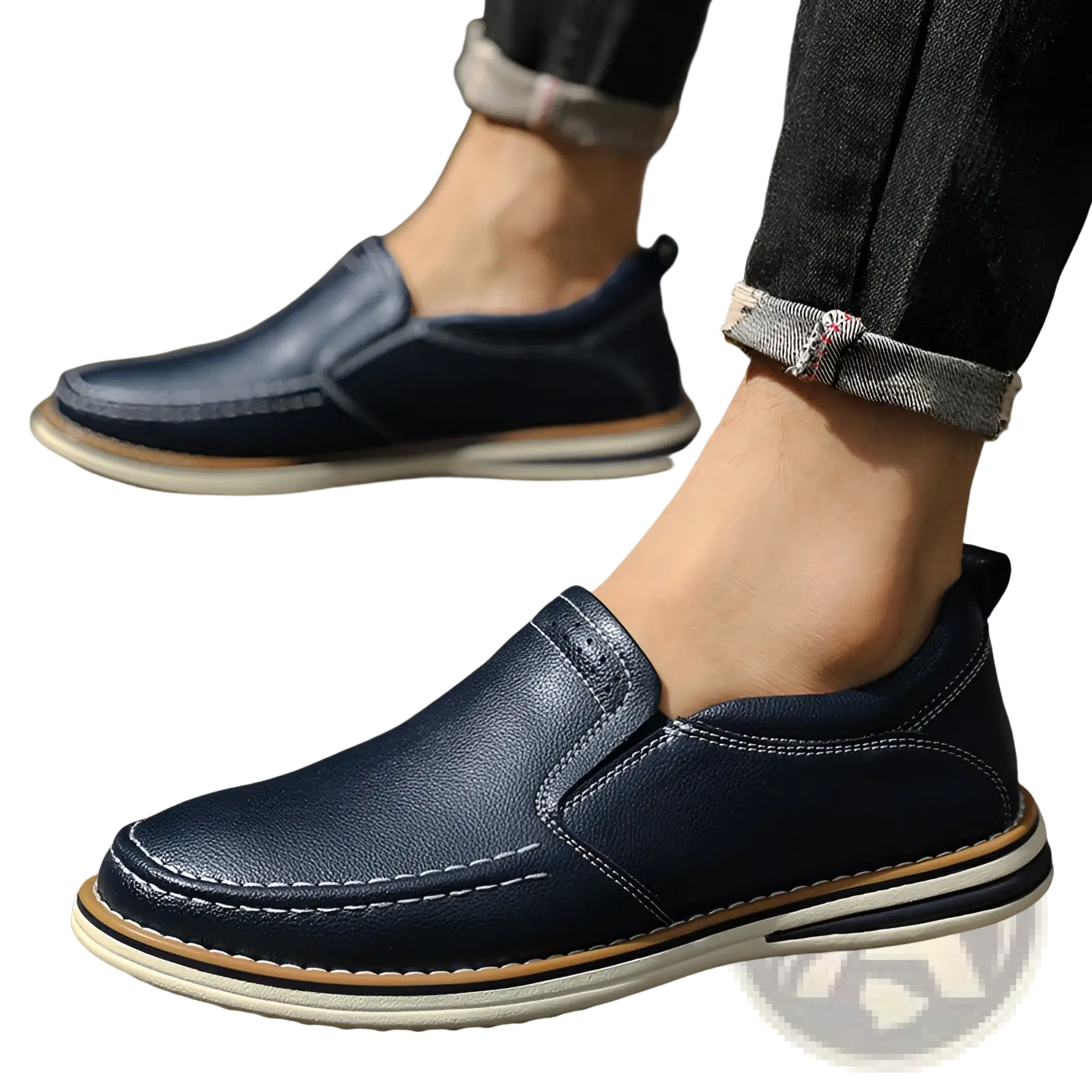 Navy blue leather slip on loafers hand sewn casual bean shoes with white stitching and layered sole