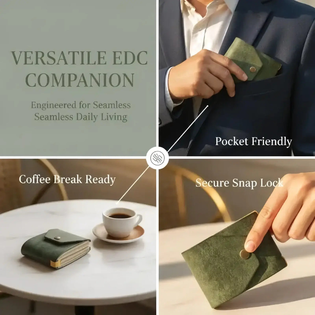 Dark green leather smart wallet with secure snap lock and gold-tone hardware for quick access card holding