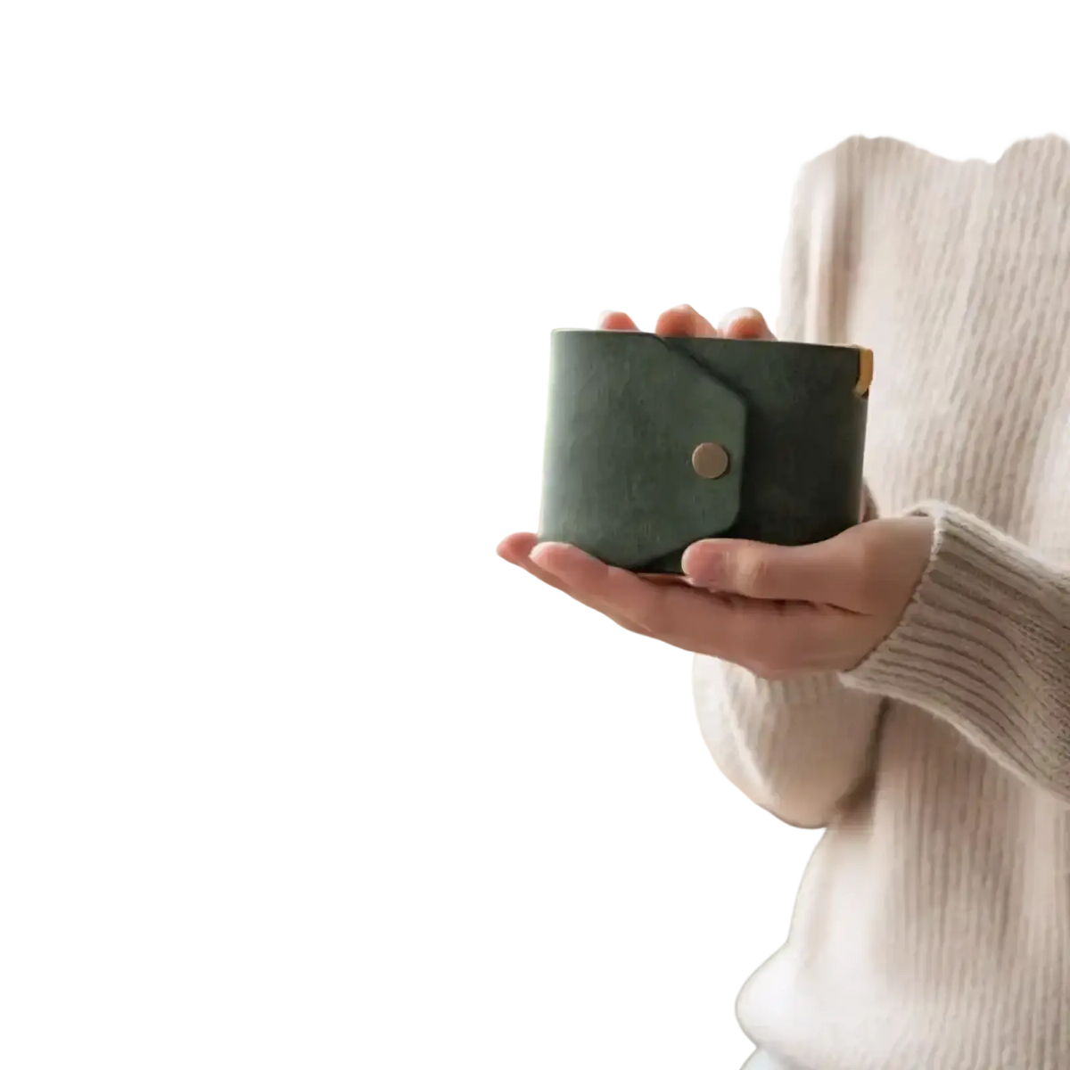 Dark green leather smart wallet with single gold-tone button closure for quick access card holding
