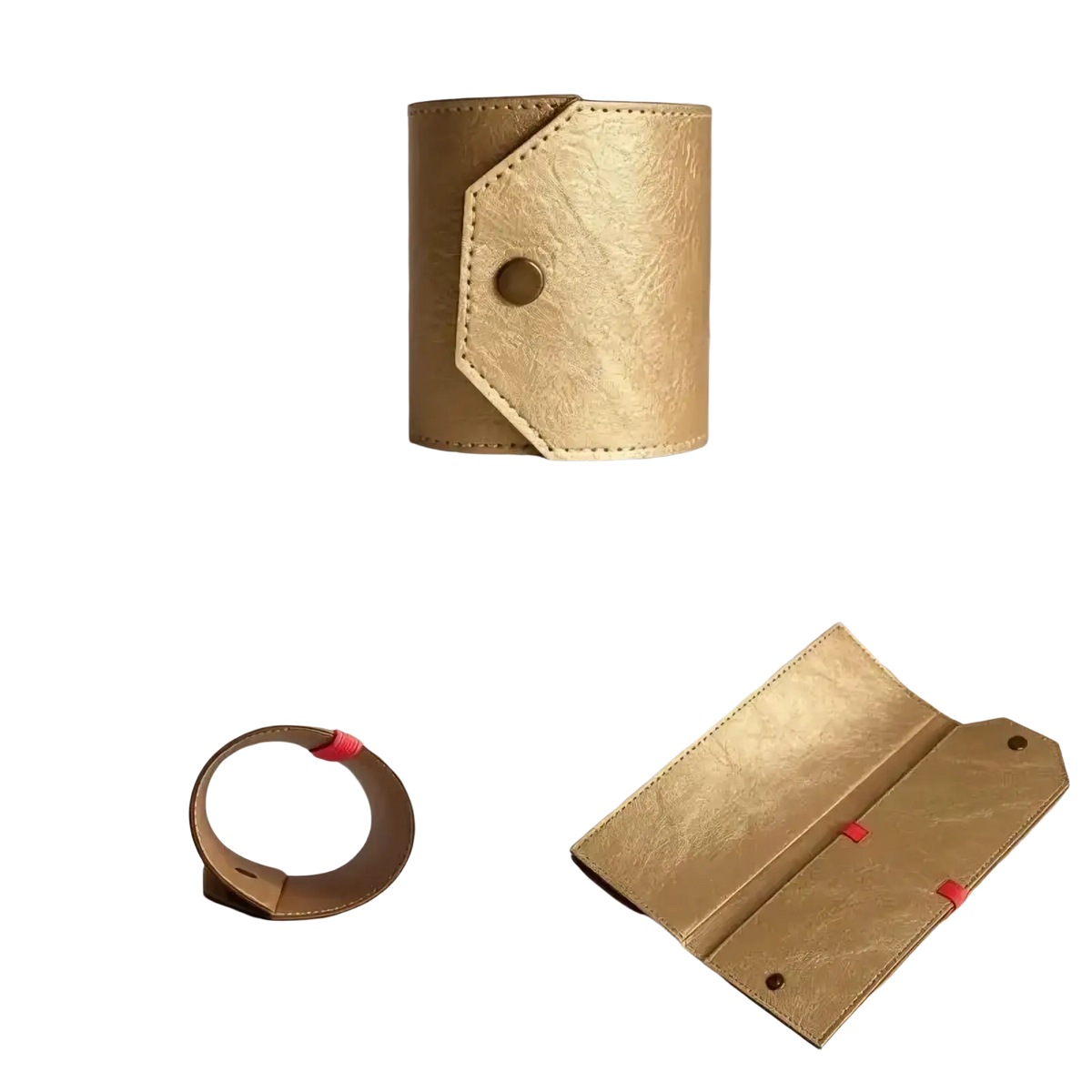 Leather smart wallet quick access card holder in gold-toned leather with textured surface and red accent stitching
