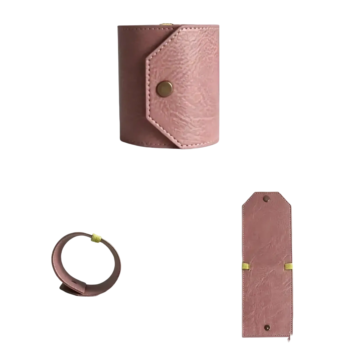 A soft pink textured leather smart wallet with gold snap button closure and quick access card holder design