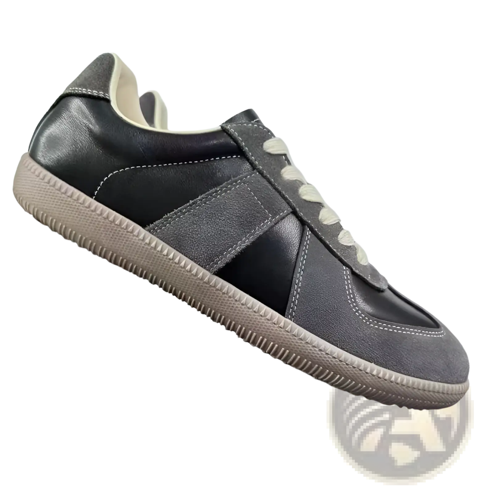 Leather sneakers versatile casual low top shoes in black and gray suede with cream laces and textured rubber sole