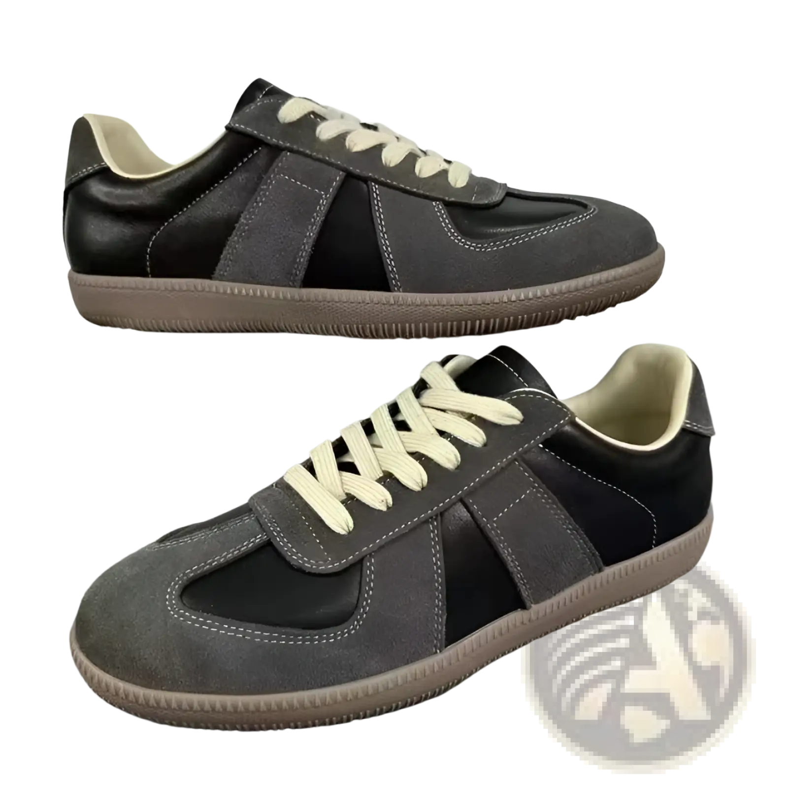 Leather sneakers versatile casual low top shoes in black and gray suede with cream-colored laces for everyday use