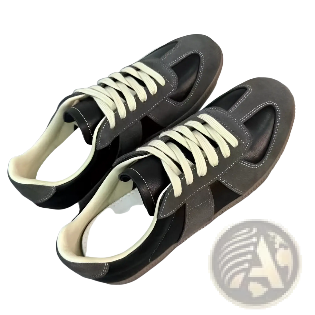 Leather sneakers versatile casual low top shoes in dark gray and black suede with cream-colored laces and minimalist design