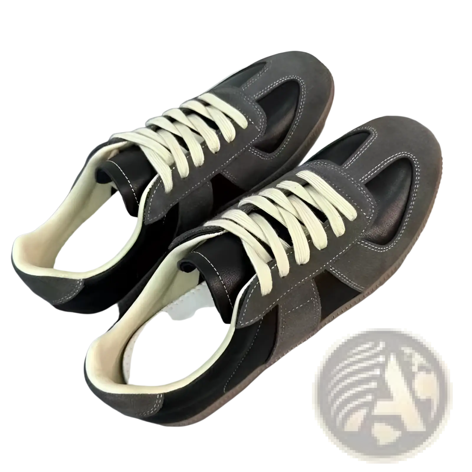 Leather sneakers versatile casual low top shoes in dark gray and black suede with cream-colored laces and minimalist design