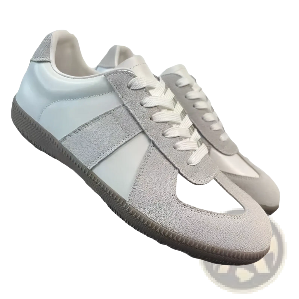Leather sneakers versatile casual low top shoes in light gray and white suede with a classic minimalist design