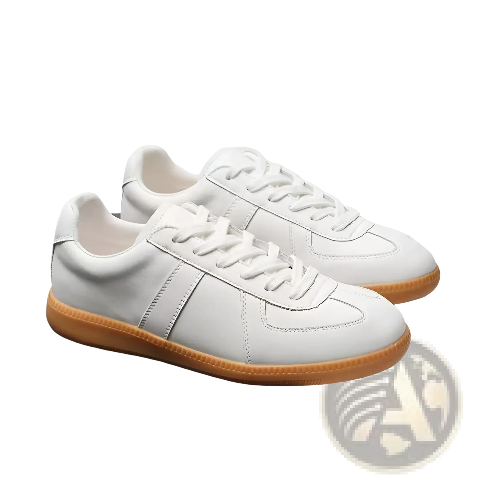 Leather sneakers versatile casual low top shoes in white leather with tan rubber sole and subtle stitching details