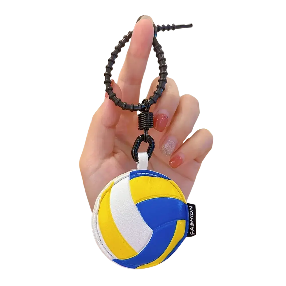Leather sports ball keychain set bag charm featuring a compact spherical volleyball design in yellow white and blue fabric