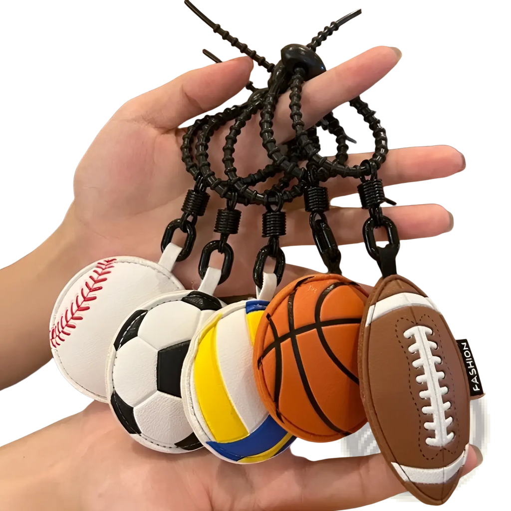 Leather sports ball keychain set featuring five colorful stitched miniature baseball soccer volleyball basketball and football designs