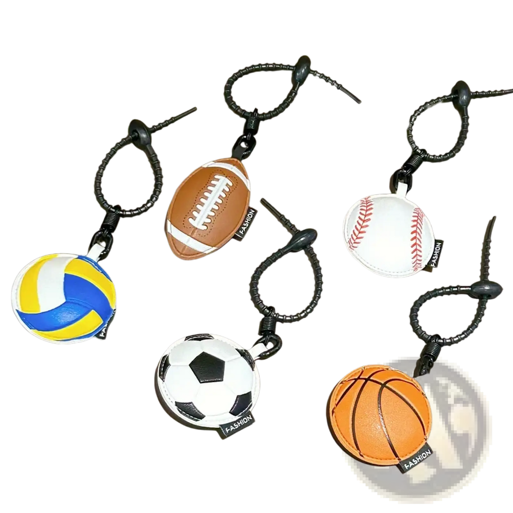 Set of five leather sports ball keychains featuring miniature volleyball, football, baseball, soccer ball, and basketball designs
