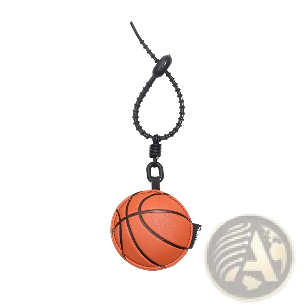 Leather sports ball keychain set bag charm featuring an orange basketball-shaped keychain with black stitched lines and braided cord