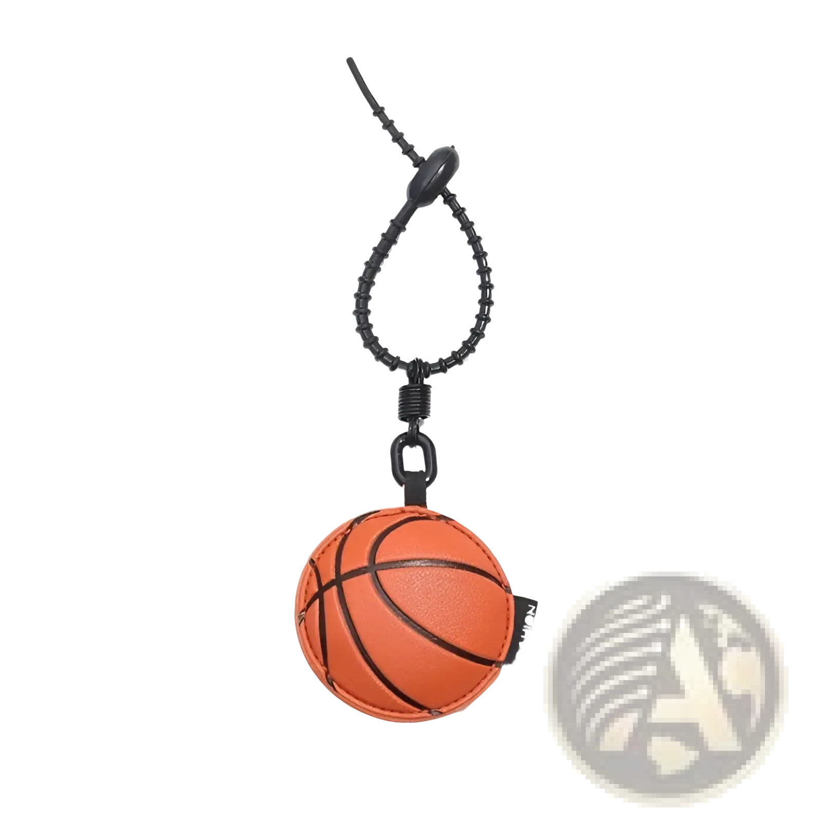 Leather sports ball keychain set bag charm featuring an orange basketball-shaped keychain with black stitched lines and braided cord