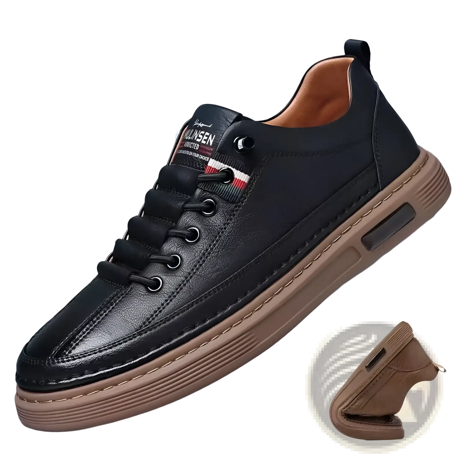 Black leather sports sneaker with cushioned tan rubber sole and striped logo patch on the tongue