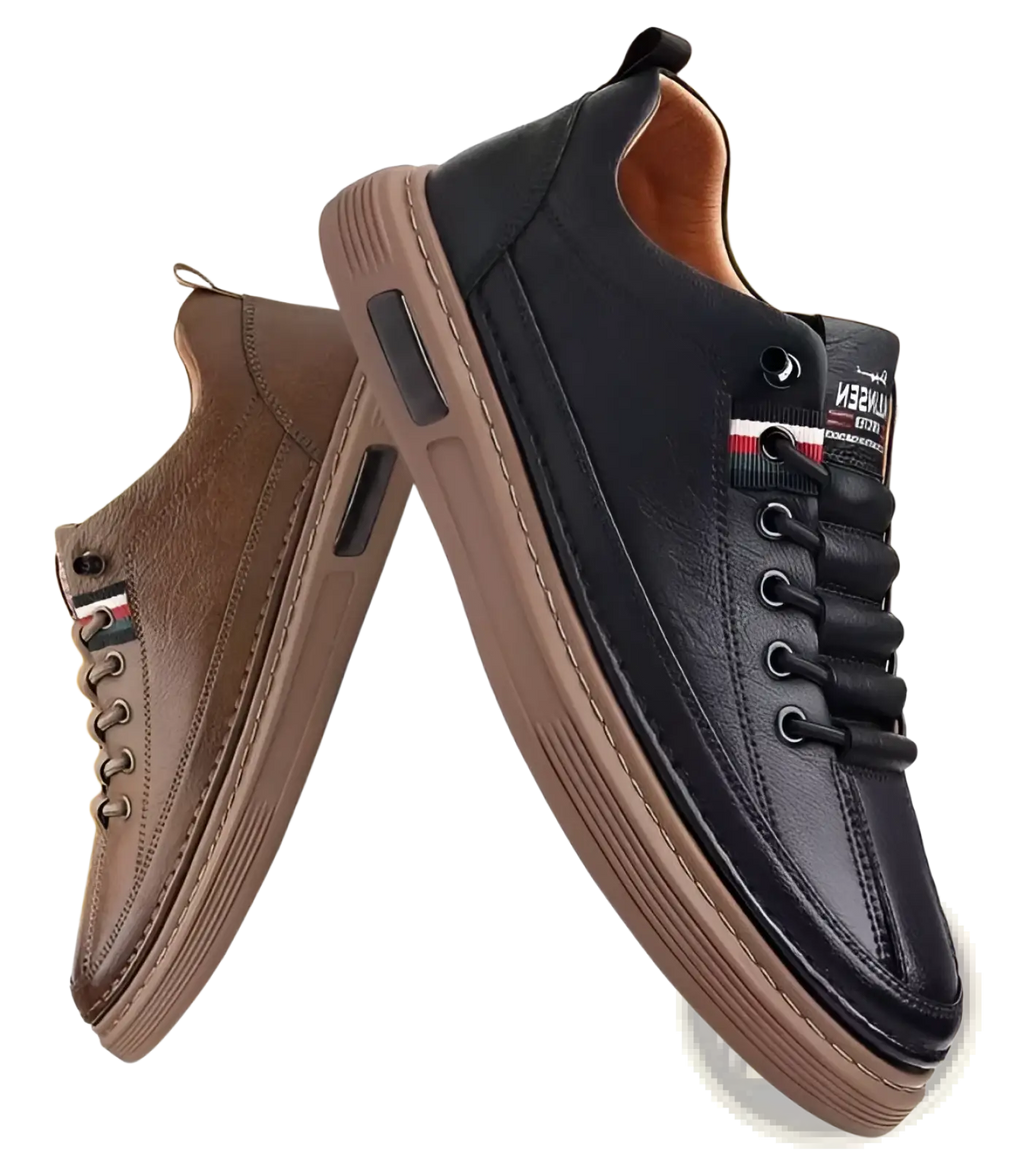 Leather sports sneakers cushioned fashion shoes in black and brown leather with textured upper and tan rubber soles