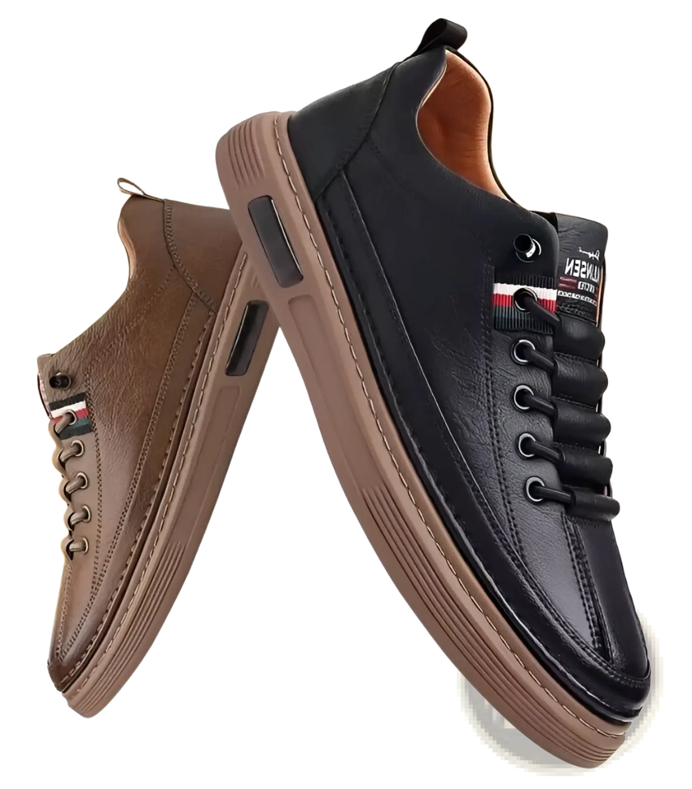 Leather sports sneakers cushioned fashion shoes in black and brown leather with textured upper and tan rubber soles